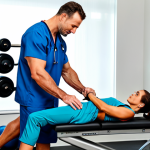 **

A professional male physical therapist, fully clothed in medical scrubs, assisting a female athlete in appropriate workout attire with a knee rehabilitation exercise. Gym setting with modern equipment, safe for work, correct proportions, well-formed hands, family-friendly, high quality.

**