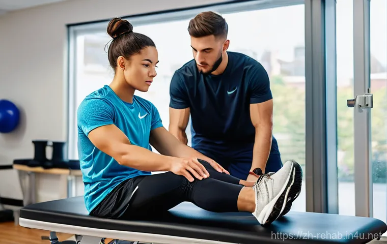 스포츠재활사 관련 학과별 비교 - **Sports Rehabilitation - Athlete's Recovery Journey**
    A determined young male athlete, approxim...