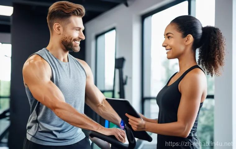 스포츠재활사 경력 전환 전략 - **Prompt 1: Personalized Tech-Enhanced Rehabilitation Session**
    A bright, modern home gym or reh...