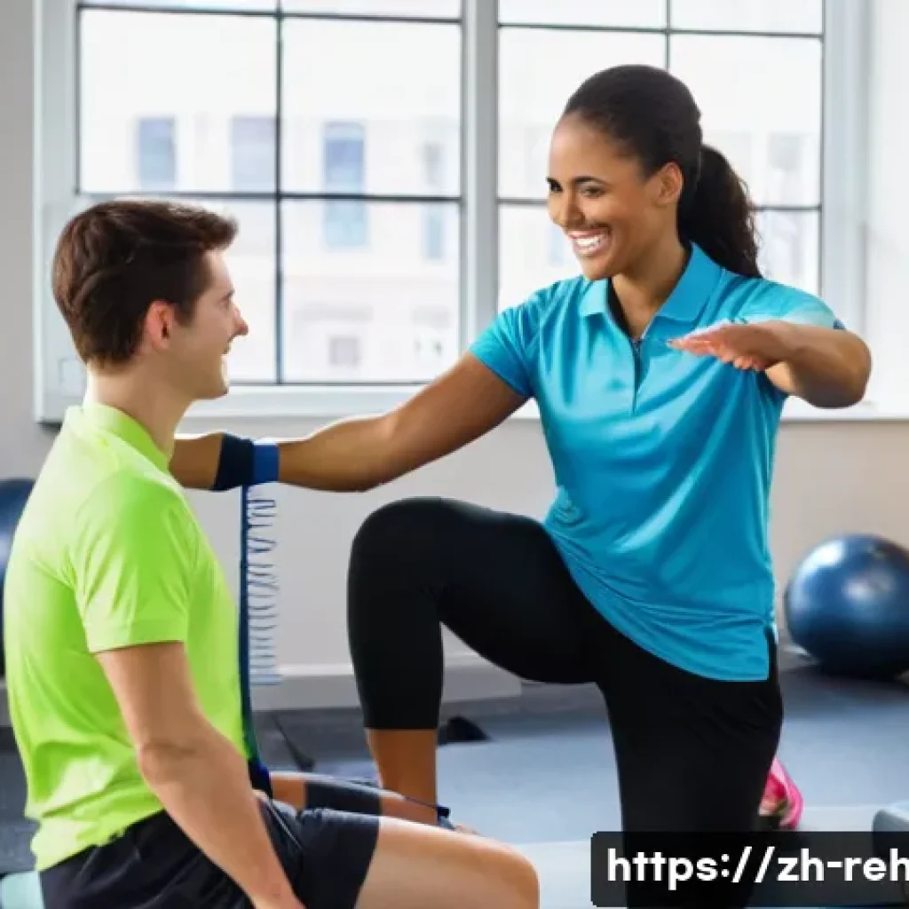 스포츠재활사 자격 취득 가이드 - **Prompt:** A vibrant, sunlit modern rehabilitation center. A female sports rehabilitation therapist...