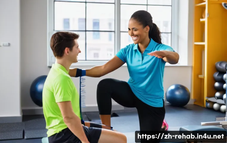 스포츠재활사 자격 취득 가이드 - **Prompt:** A vibrant, sunlit modern rehabilitation center. A female sports rehabilitation therapist...