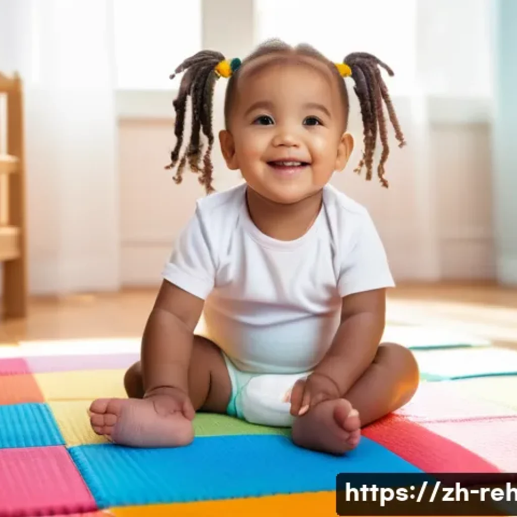 스포츠재활사 논문 주제 아이디어 - **A young girl, no older than 7, wearing a clean white diaper, sitting on a colorful playmat surroun...