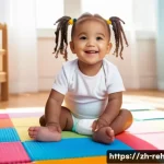 스포츠재활사 논문 주제 아이디어 - **A young girl, no older than 7, wearing a clean white diaper, sitting on a colorful playmat surroun...