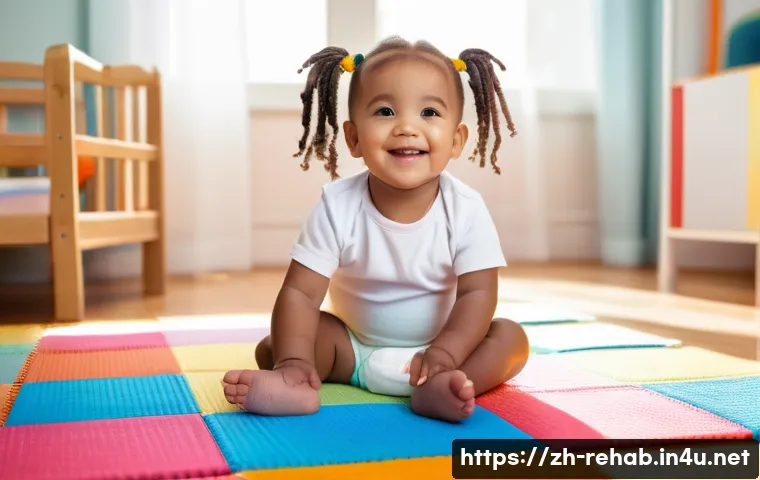 스포츠재활사 논문 주제 아이디어 - **A young girl, no older than 7, wearing a clean white diaper, sitting on a colorful playmat surroun...