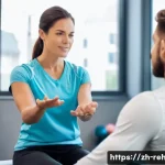 스포츠재활사 이직 성공 전략 - **Prompt: Empathy and Personalized Care in Sports Rehabilitation**
    A wide shot of a bright, mode...