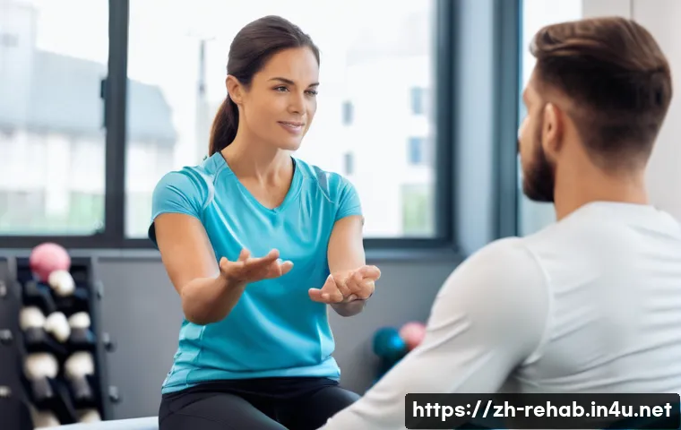 스포츠재활사 이직 성공 전략 - **Prompt: Empathy and Personalized Care in Sports Rehabilitation**
    A wide shot of a bright, mode...