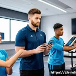 스포츠재활사 교육과정 최신 동향 - A modern rehabilitation classroom scene showing a diverse group of students wearing professional spo...