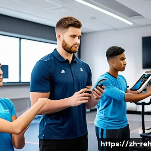 스포츠재활사 교육과정 최신 동향 - A modern rehabilitation classroom scene showing a diverse group of students wearing professional spo...