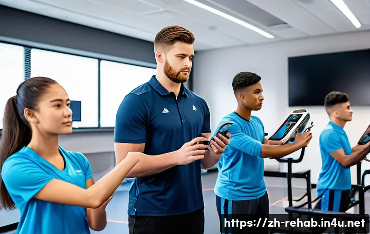 스포츠재활사 교육과정 최신 동향 - A modern rehabilitation classroom scene showing a diverse group of students wearing professional spo...