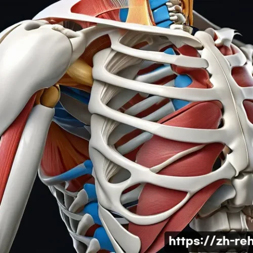 스포츠재활사 중점 과목 정리 - A highly detailed anatomical illustration of the human shoulder joint, showcasing bones, muscles, li...
