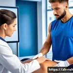 스포츠재활사 직무 평가 방법 - A professional sports rehabilitation therapist in a modern clinical setting, wearing clean and profe...