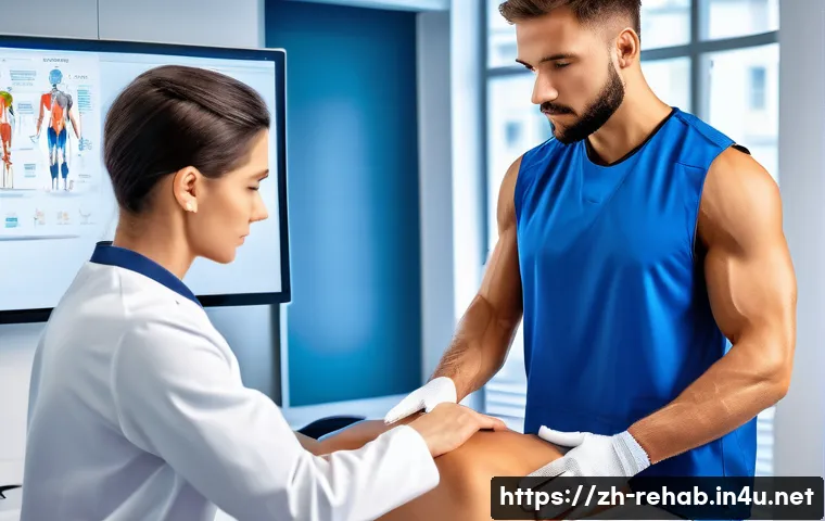 스포츠재활사 직무 평가 방법 - A professional sports rehabilitation therapist in a modern clinical setting, wearing clean and profe...