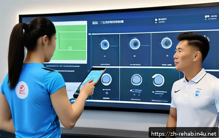 스포츠재활사와 팀 협업 사례 - A professional sports rehabilitation therapist and a team coach engaged in a detailed discussion ins...