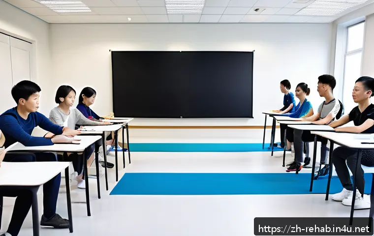 스포츠재활사 관련 자격증 동시 취득 방법 - A modern classroom scene showing a diverse group of adult students attentively participating in a sp...